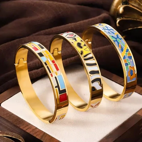 Multicolour Gold modern art blue and yellow Stainless steel cuff bracelet - Picture 10 of 10